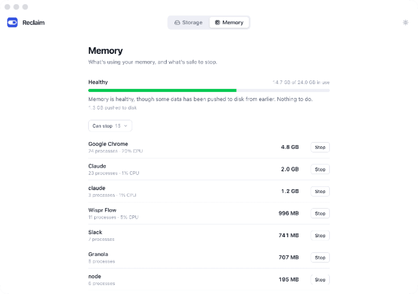 The Memory tab: a green health bar reading 14.7 GB of 24.0 GB in use, above a list of apps with their memory and a Stop button beside each.